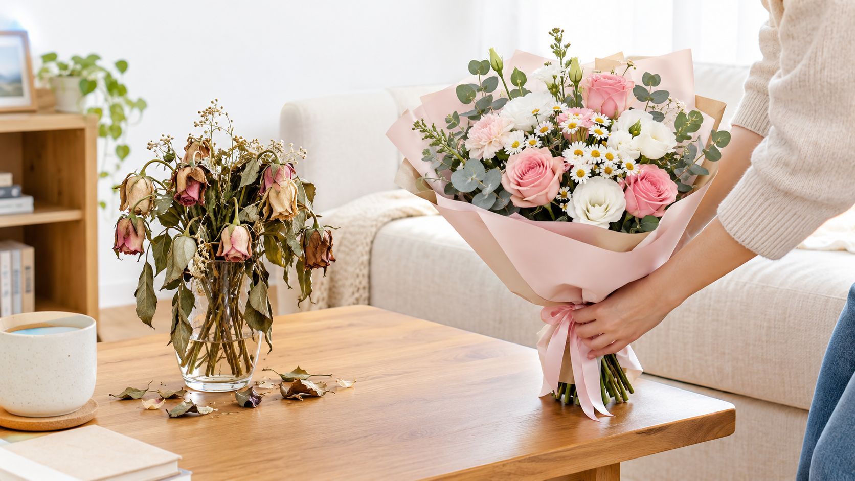 En person holder en smuk frisk blomsterbuket ved siden af en vase med visne blomster på bordet.