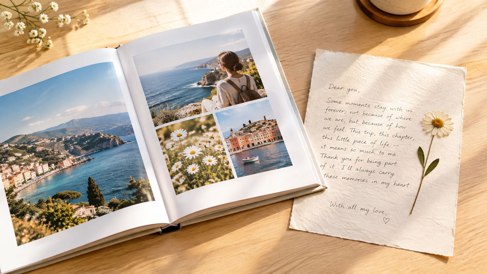 Et åbent fotoalbum med rejsebilleder og et håndskrevet kærlighedsbrev ved siden af på et træbord.