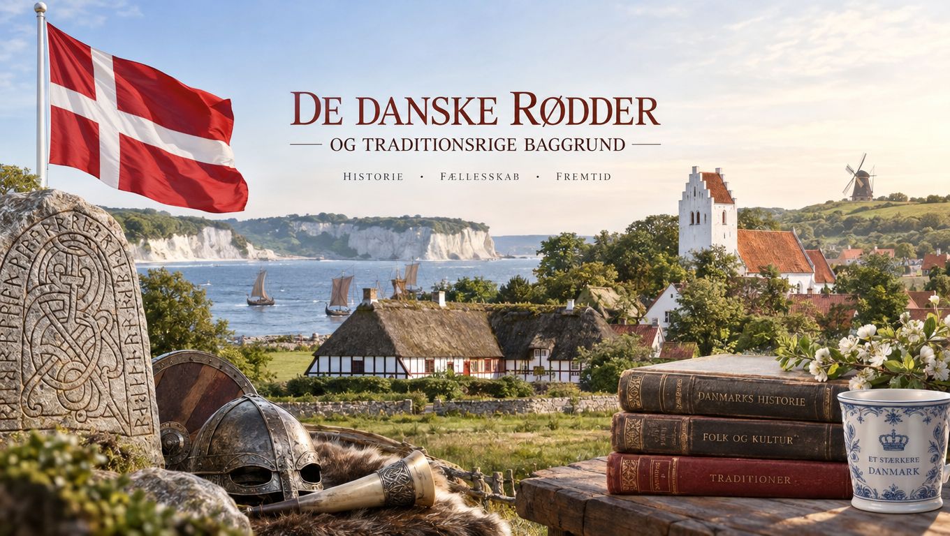 Dansk landskab med vikinge-genstande, dannebrog, historiske bøger og en kirke ved kysten, der repræsenterer dansk kultur.