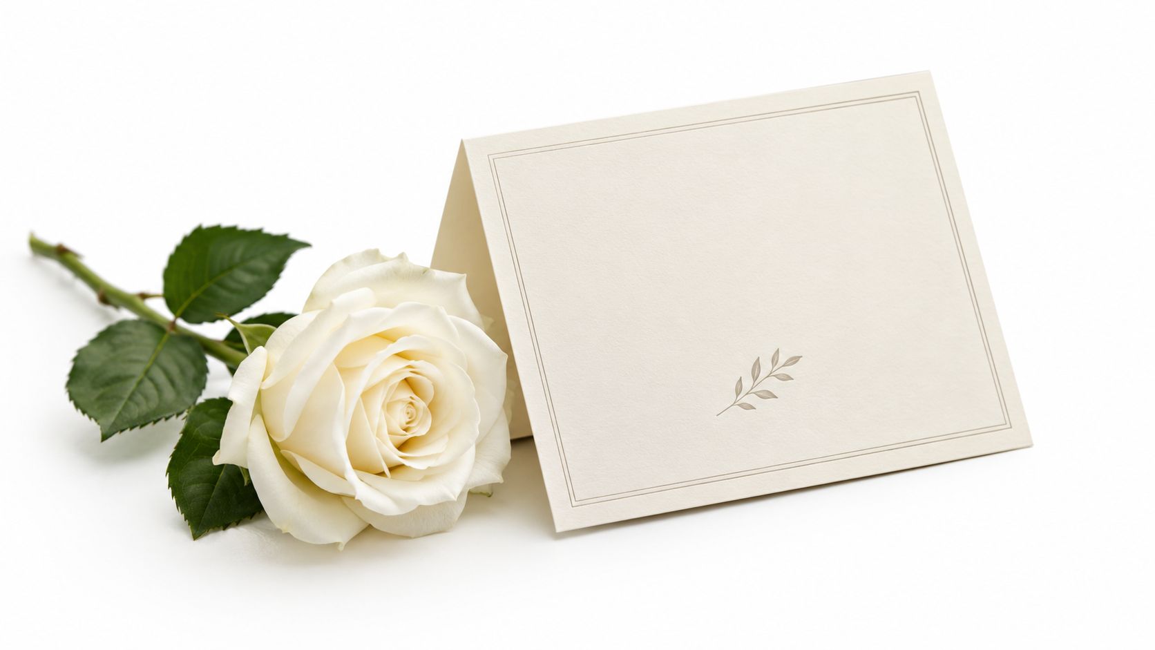 En elegant hvid rose ved siden af et tomt, kremfarvet begravelseskort på en ren hvid baggrund.
