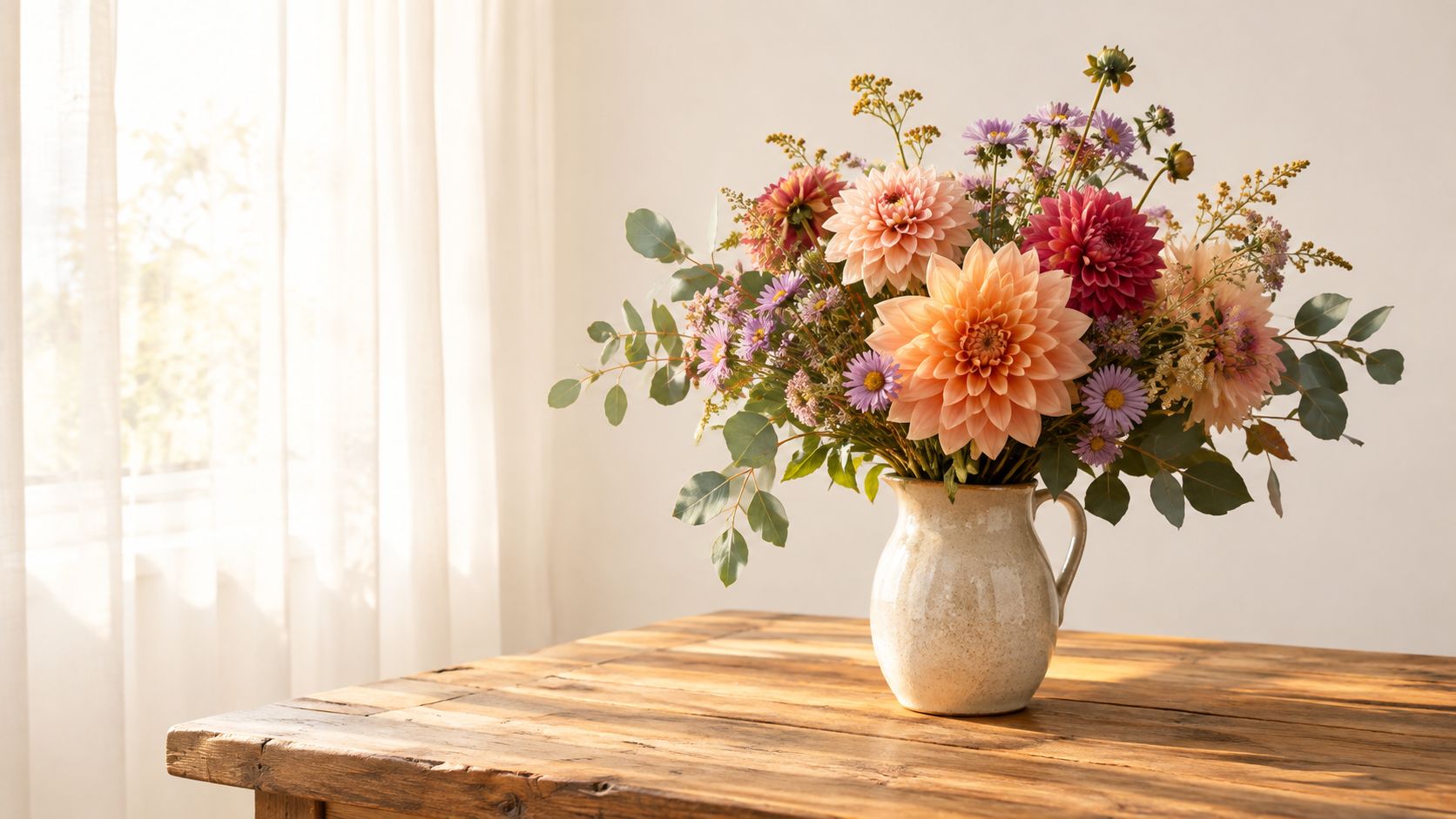 En smuk buket af efterårsblomster i en keramikkrukke placeret på et rustikt træbord i sollys.