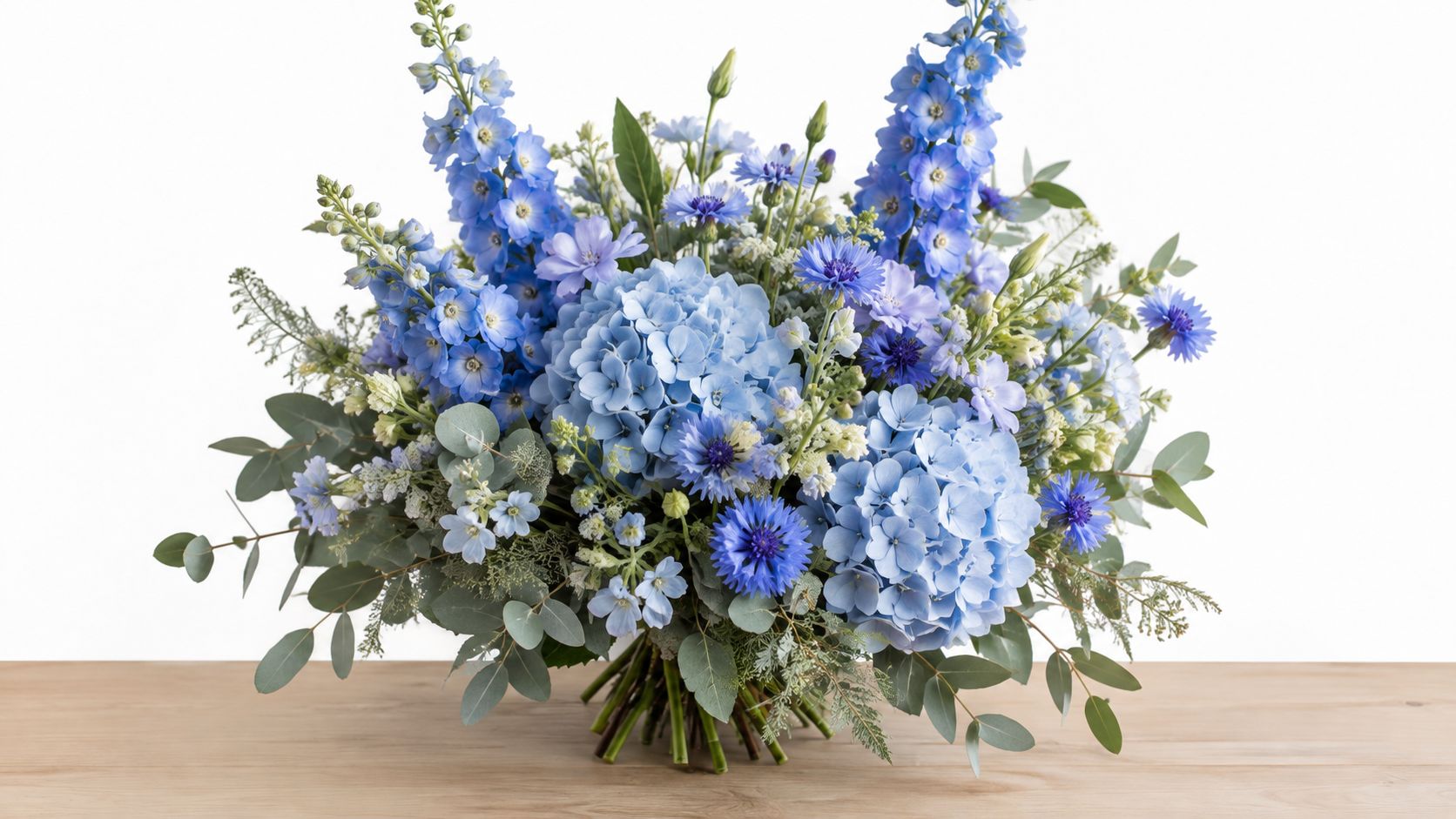 En smuk og elegant buket af blå blomster arrangeret på et lyst træbord mod en hvid baggrund.