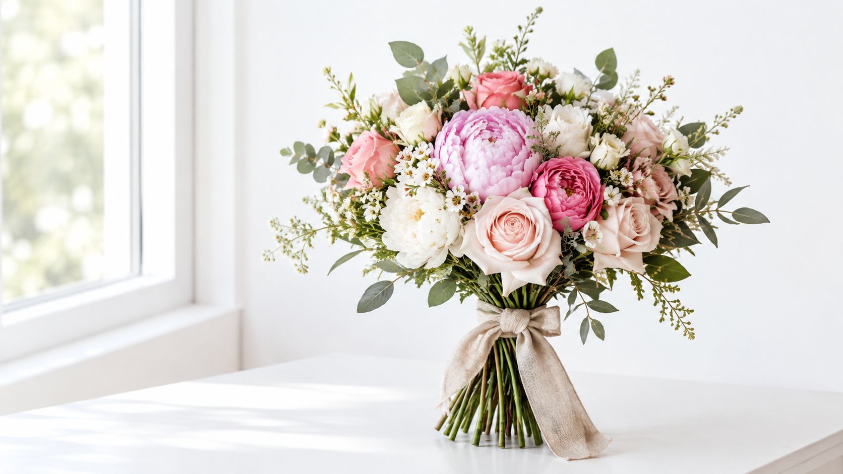 En smuk og elegant buket blomster med pæoner og roser på et hvidt bord ved et vindue.