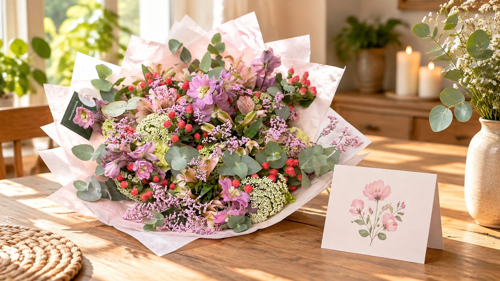 En smuk buket blomster indpakket i lyserødt papir ved siden af et lykønskningskort på et træbord.