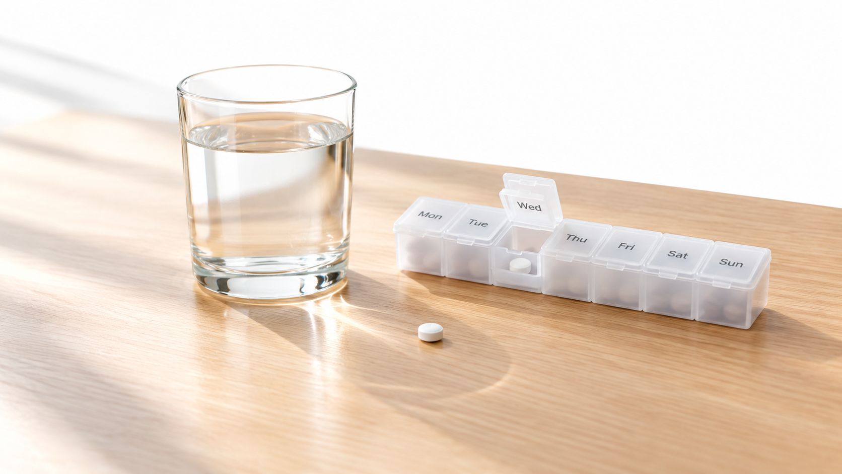 A clear glass of water sits next to a daily pill organizer with a tablet placed outside.