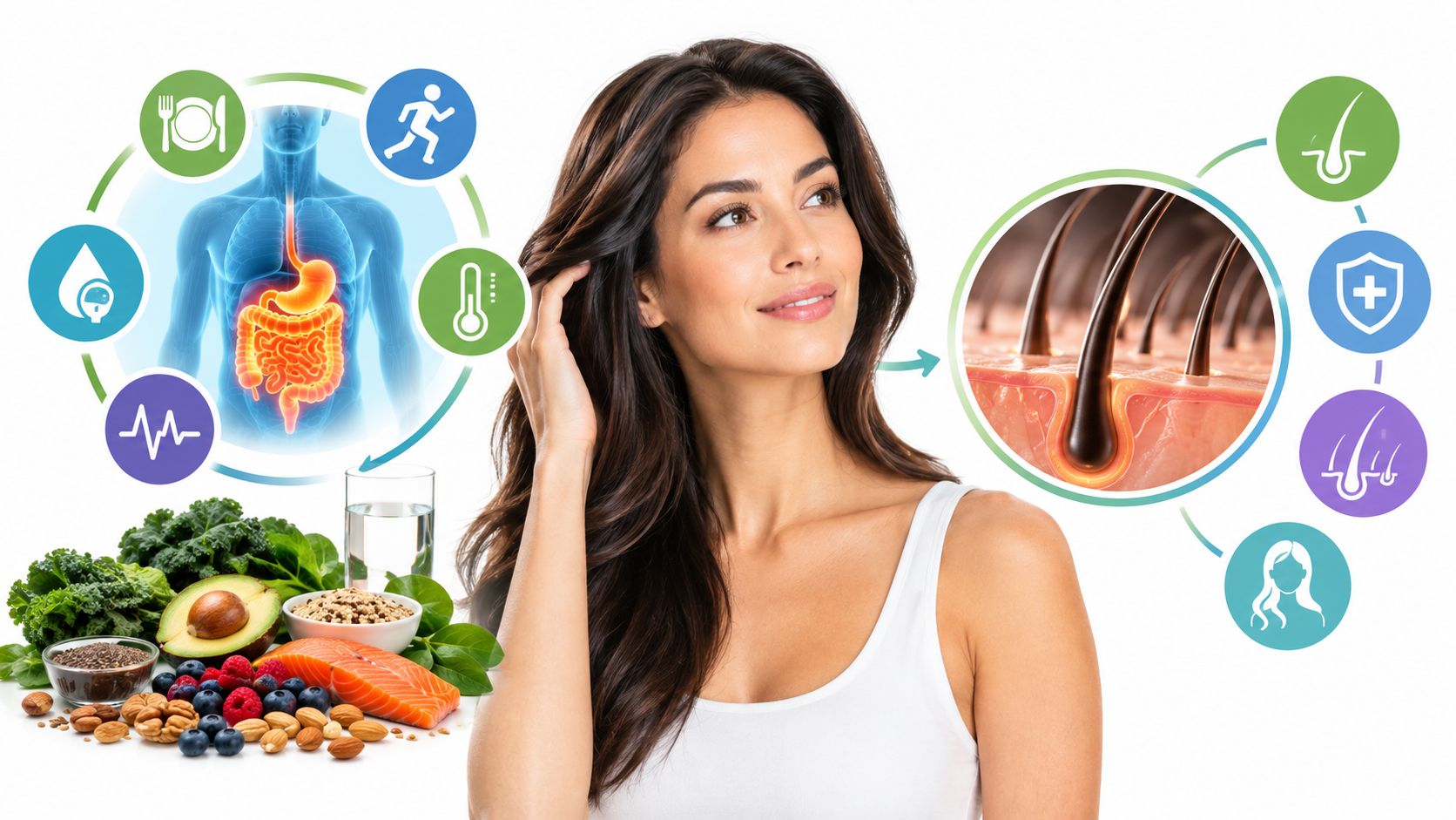 A woman touches her healthy hair, surrounded by digestive system icons, icons for hair health, and nutritious whole foods.
