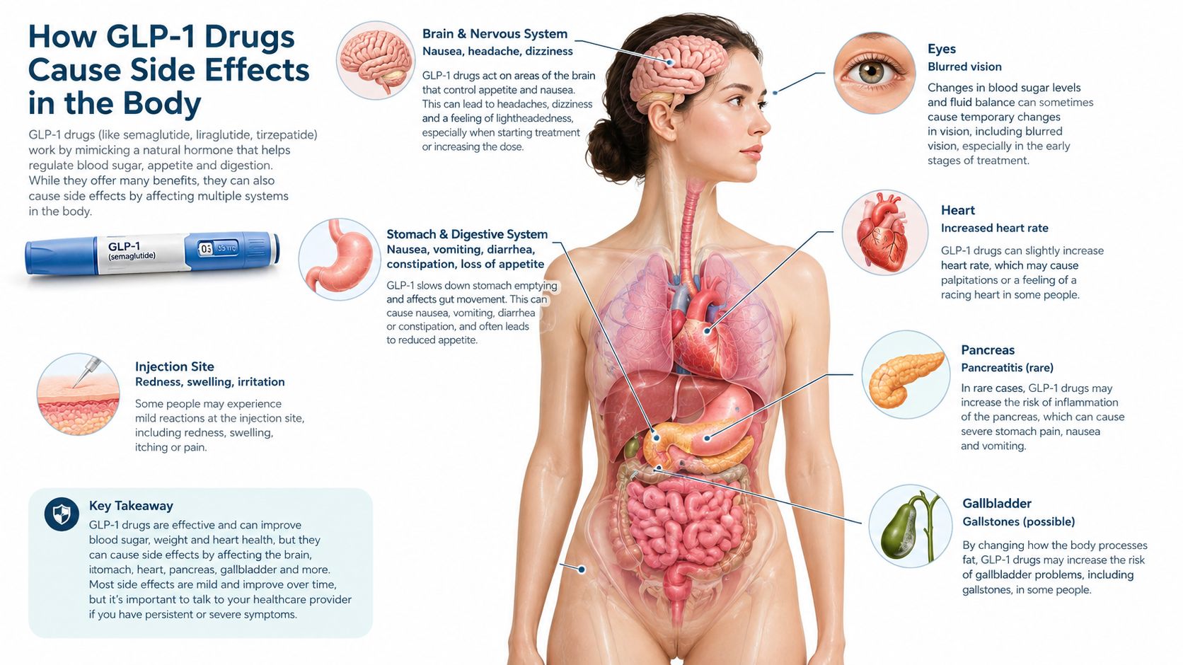 An infographic illustrating how GLP-1 medications affect various body systems, causing potential side effects like nausea or fatigue.