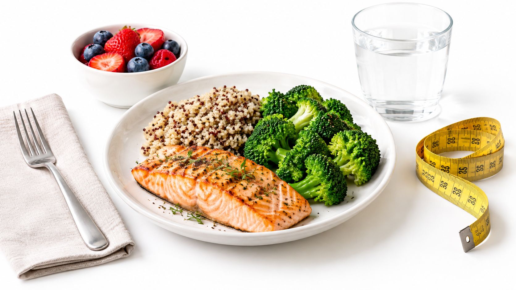 A healthy plate of grilled salmon with steamed broccoli and quinoa, served with fresh berries and water.