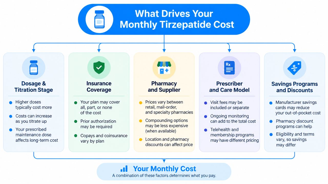 An infographic titled What Drives Your Monthly Tirzepatide Cost, illustrating five key factors affecting medication pricing.