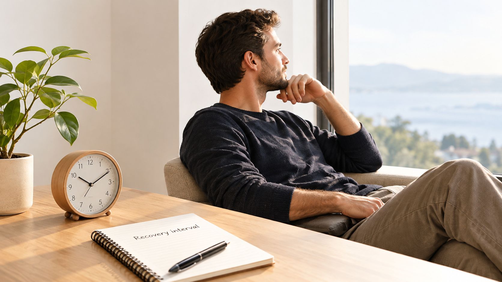 A contemplative man sitting in a comfortable chair by a bright window with a notebook on his desk.