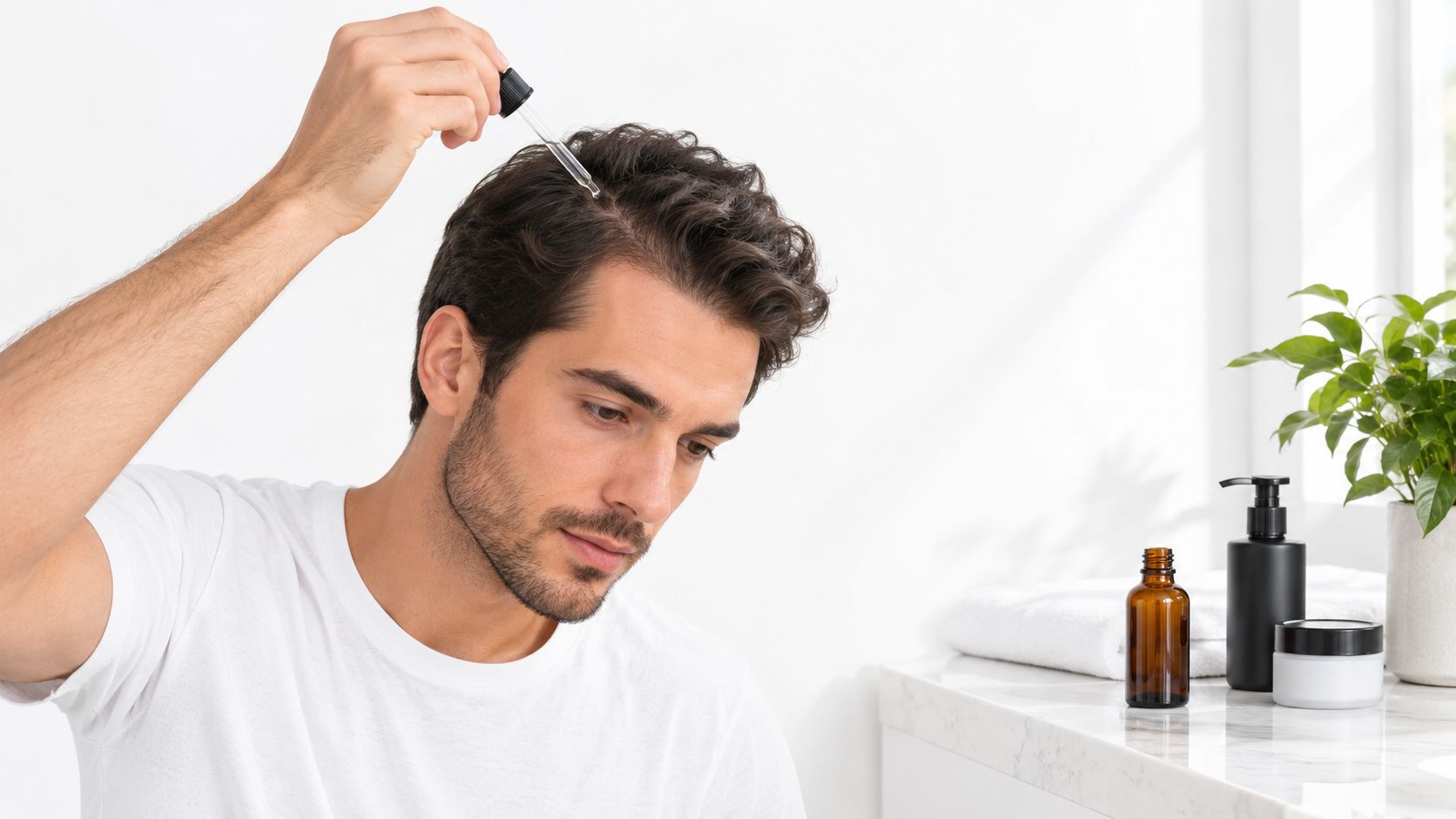 A young man carefully applies hair growth serum using a glass dropper to his scalp in bathroom.