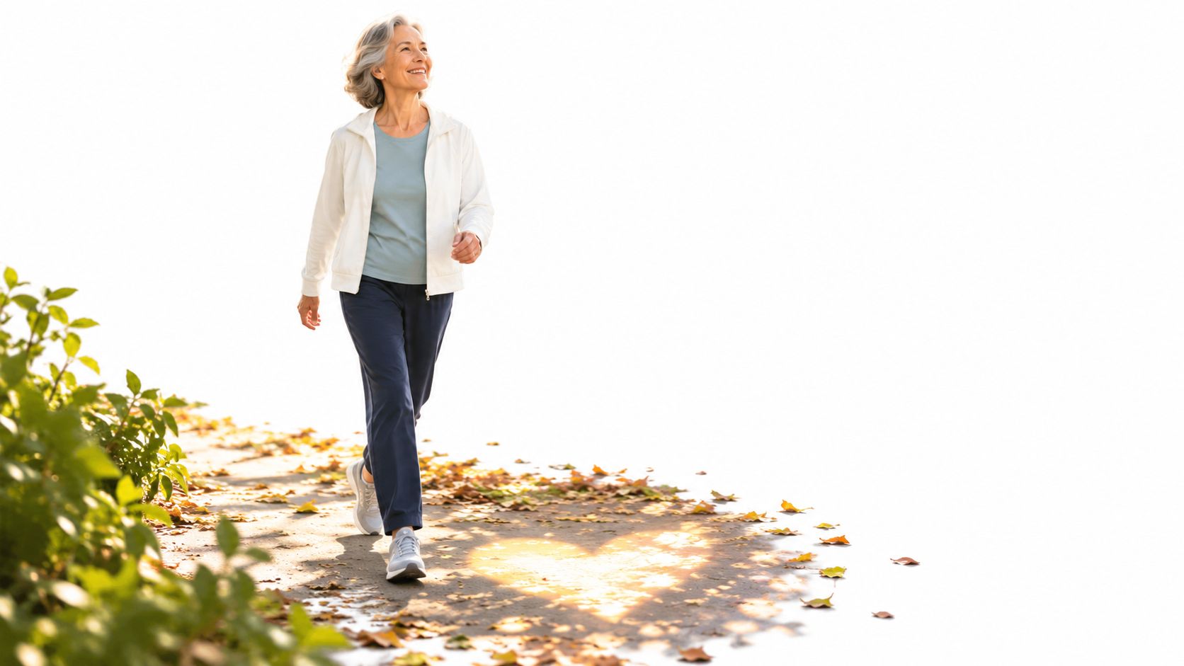 A happy senior woman walking outdoors on a path, promoting active living and wellness.