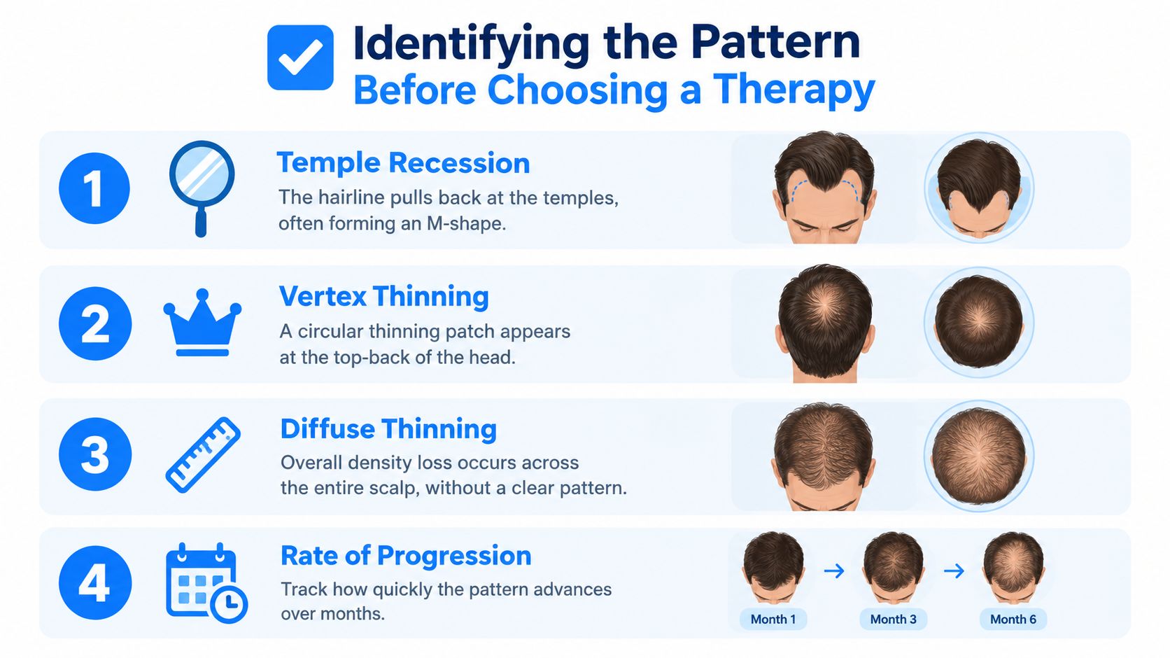 A four-step infographic showing different types of male hair loss patterns and how to identify them.