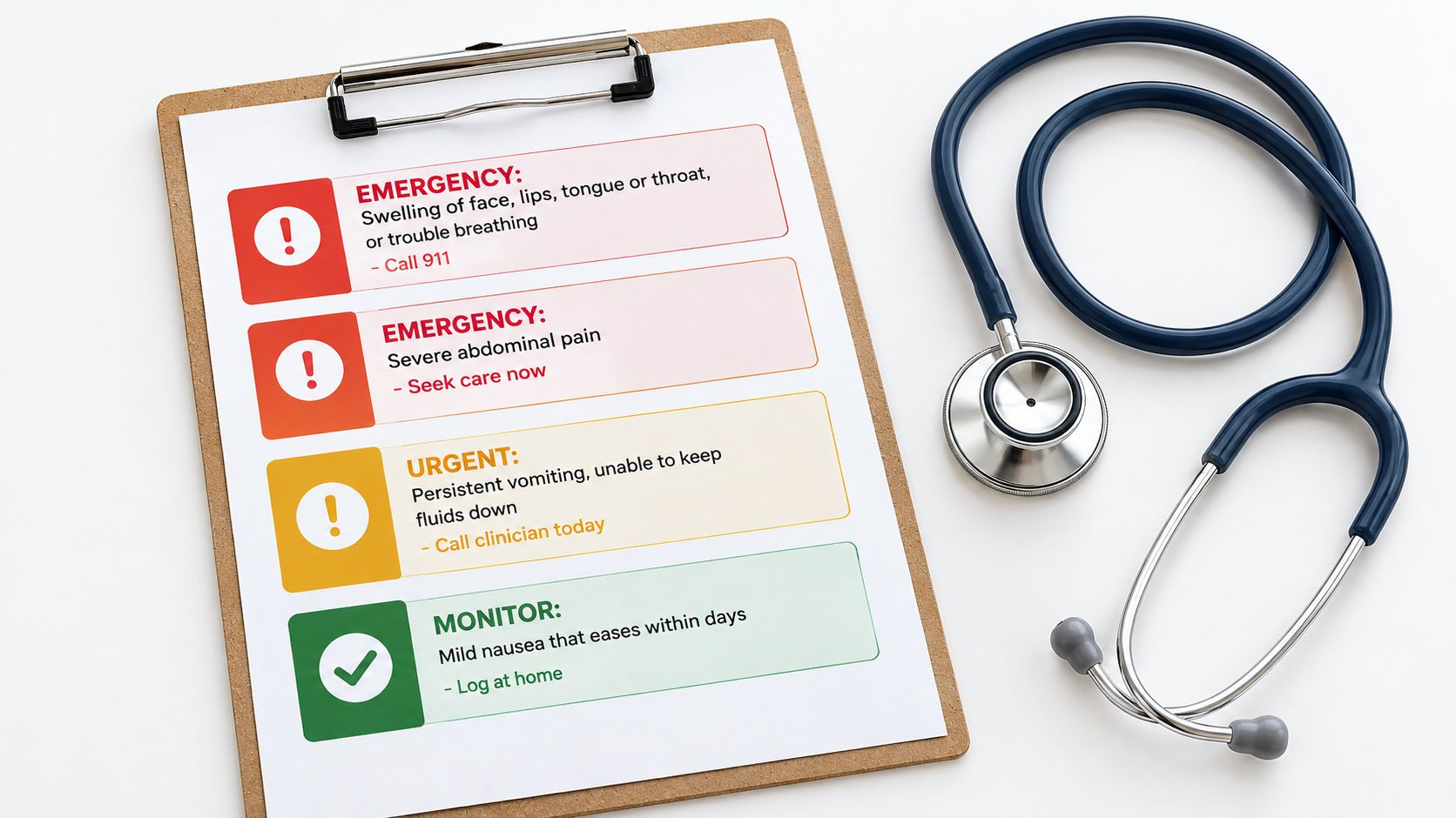 A medical clipboard showing a color-coded symptom guide for weight loss injections with emergency and monitoring advice.