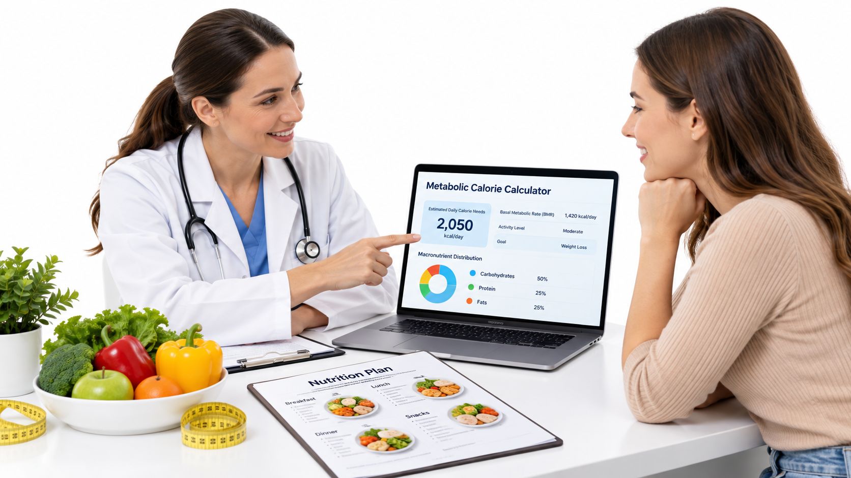 A nutritionist explaining a metabolic calorie calculator results on a laptop screen to a patient.