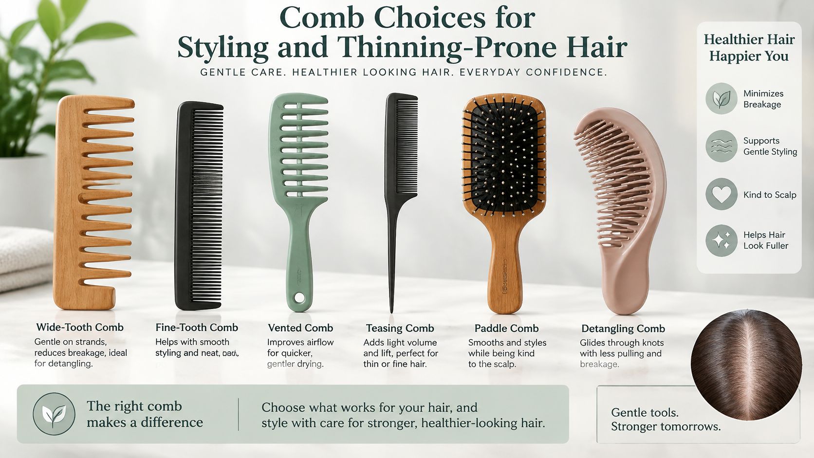 A display of six different types of hair combs and brushes for styling thinning-prone hair effectively.