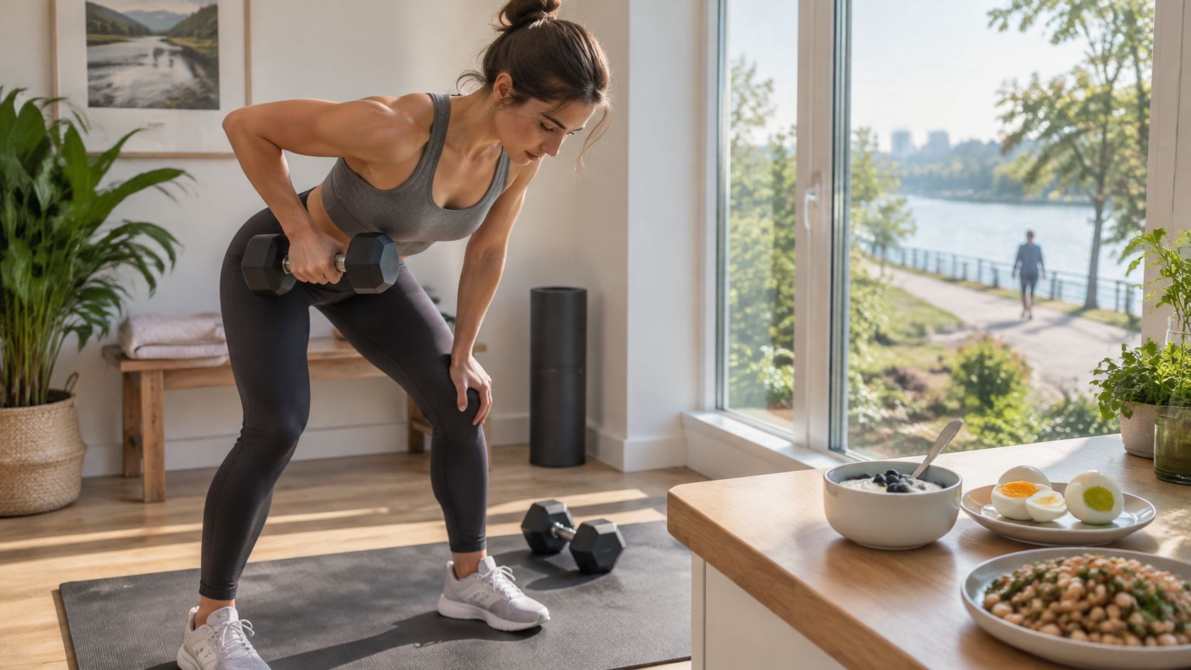 A woman performing a one-arm dumbbell row exercise in a sunlit living room with healthy food nearby.