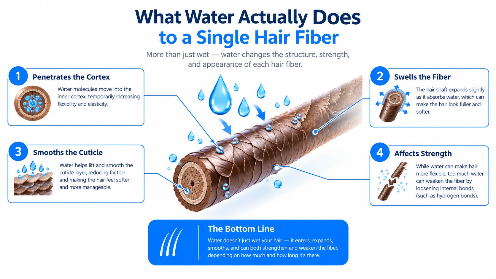 A diagram explaining how water penetrates, swells, smooths, and affects the strength of a single hair fiber.