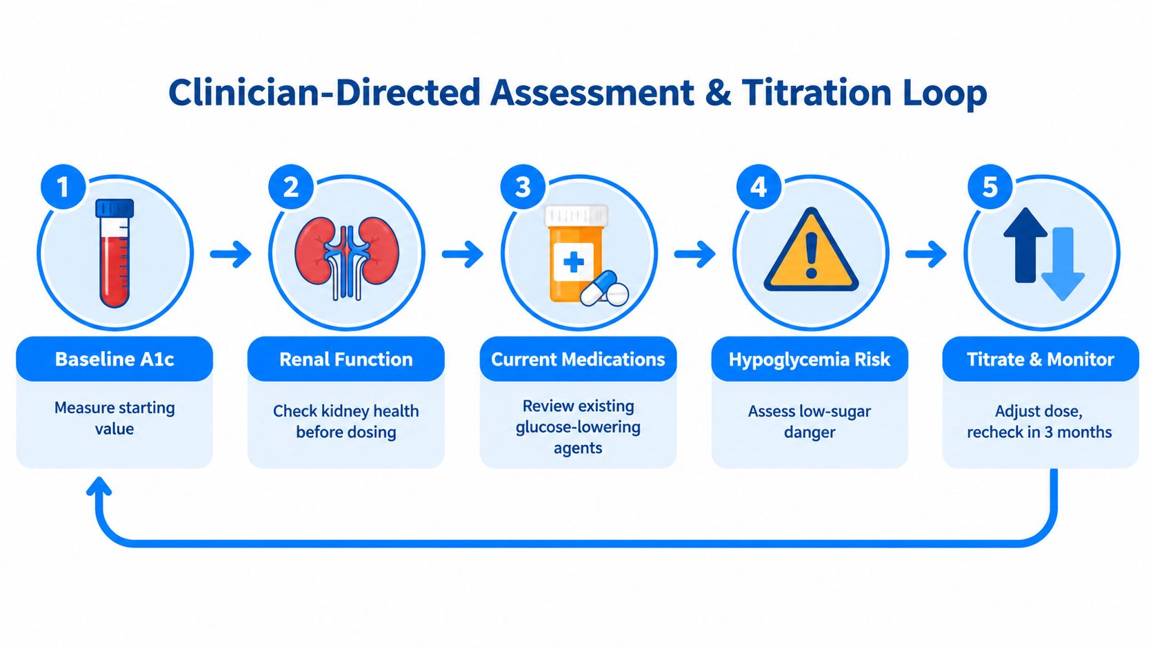 A five-step infographic showing the clinician-directed assessment and titration loop for diabetes management and patient care.