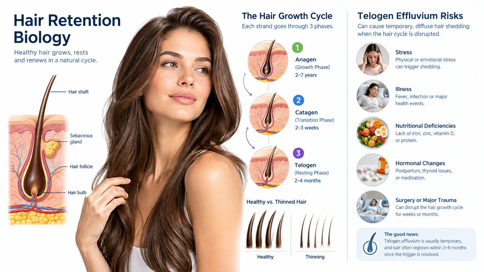 An infographic detailing the hair growth cycle, the biology of hair follicles, and common causes of telogen effluvium.