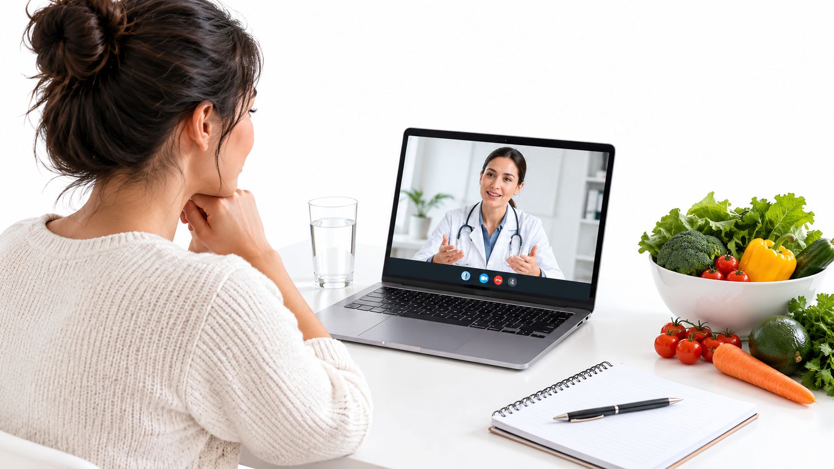 A young woman having a virtual medical consultation on her laptop while sitting at a table with fresh vegetables.