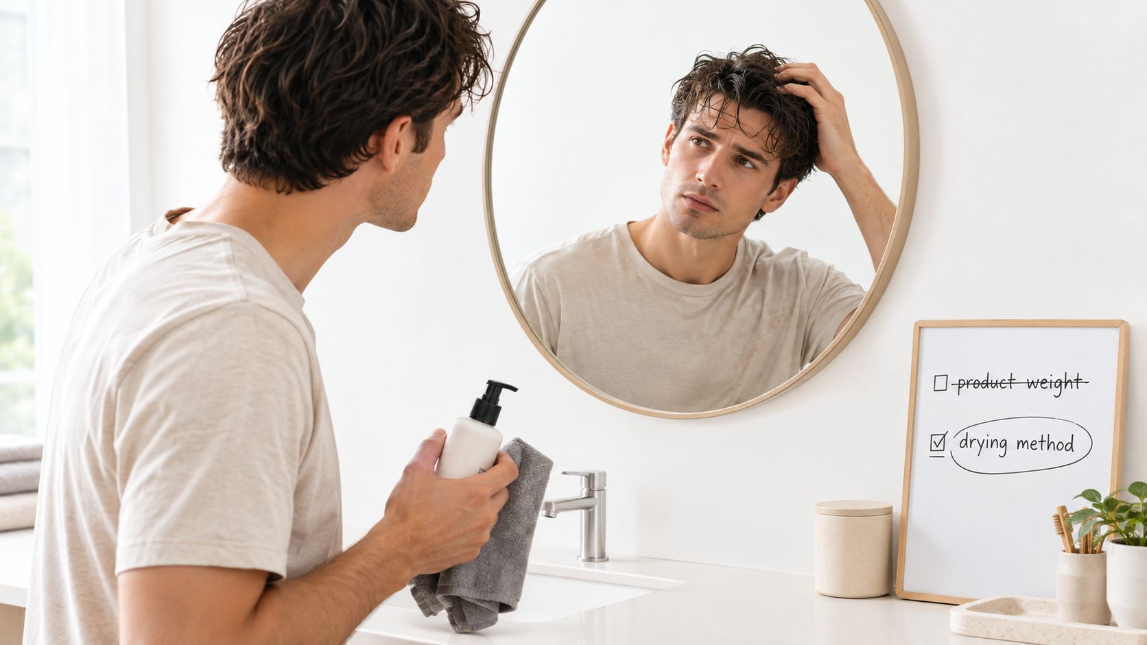 A young man styling his wavy hair in a mirror while holding a hair product bottle