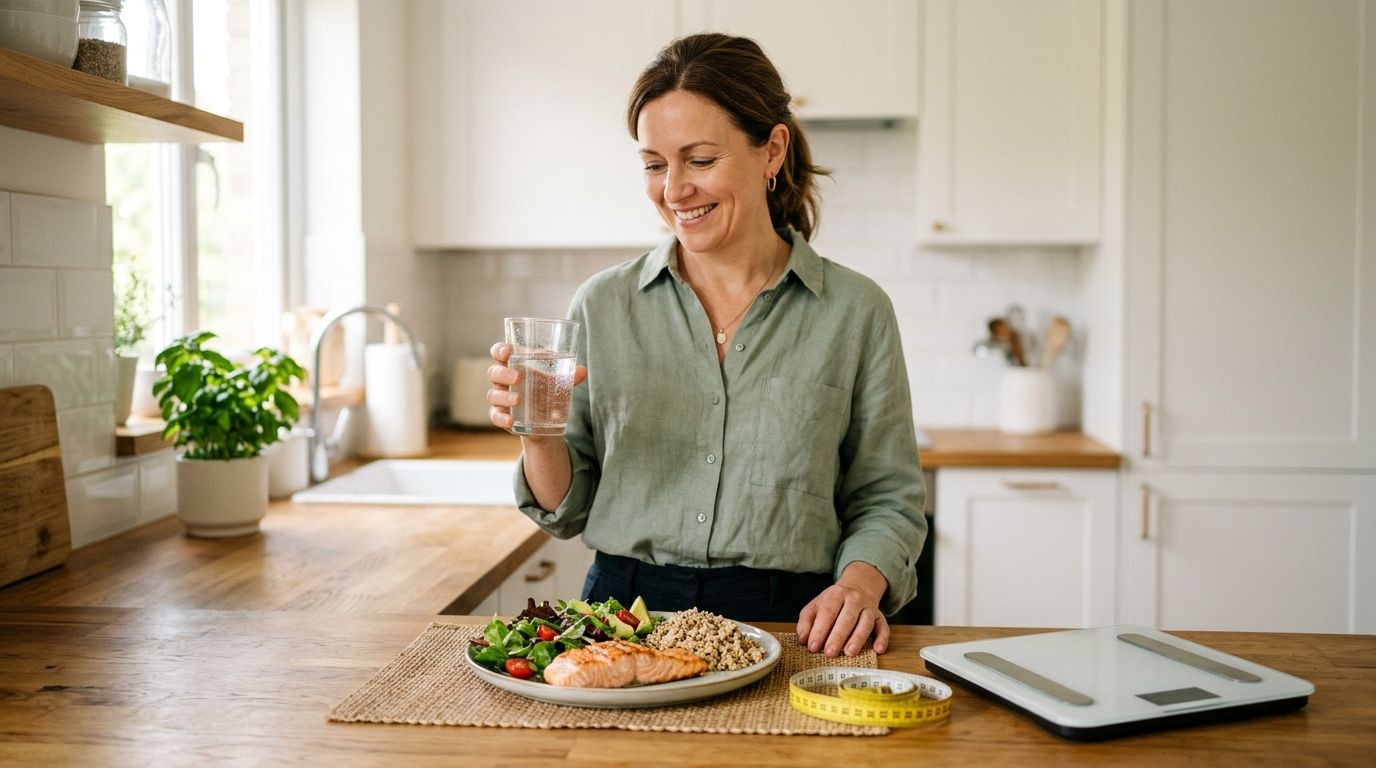 A woman smiling while holding a glass of water, standing next to a healthy meal and scale.