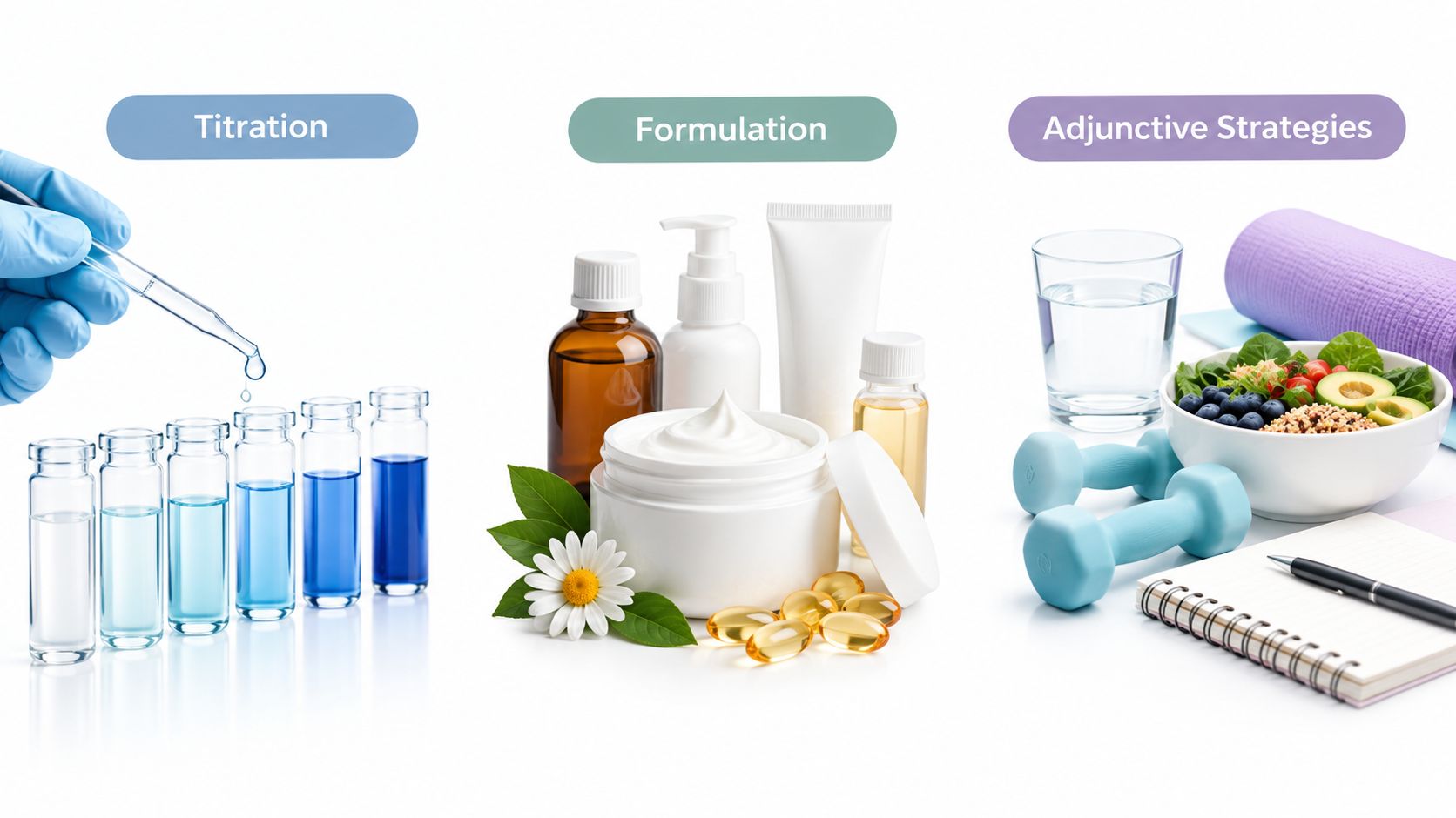 A visual guide illustrating titration, product formulation, and adjunctive lifestyle strategies for health and medication management.