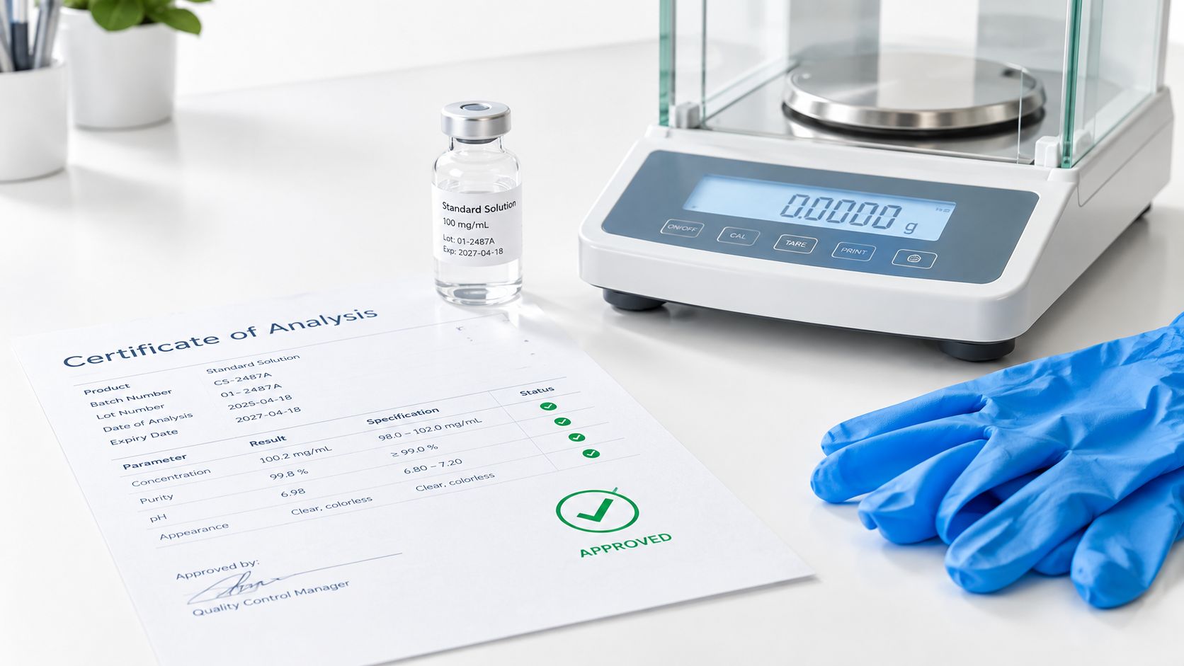 A laboratory certificate of analysis for a standard solution placed next to a weighing scale and gloves.