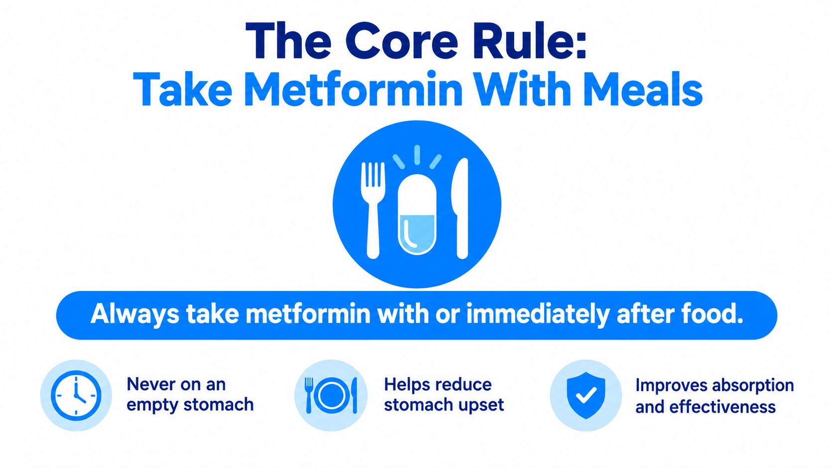 An infographic showing that metformin should always be taken with or immediately after eating food.