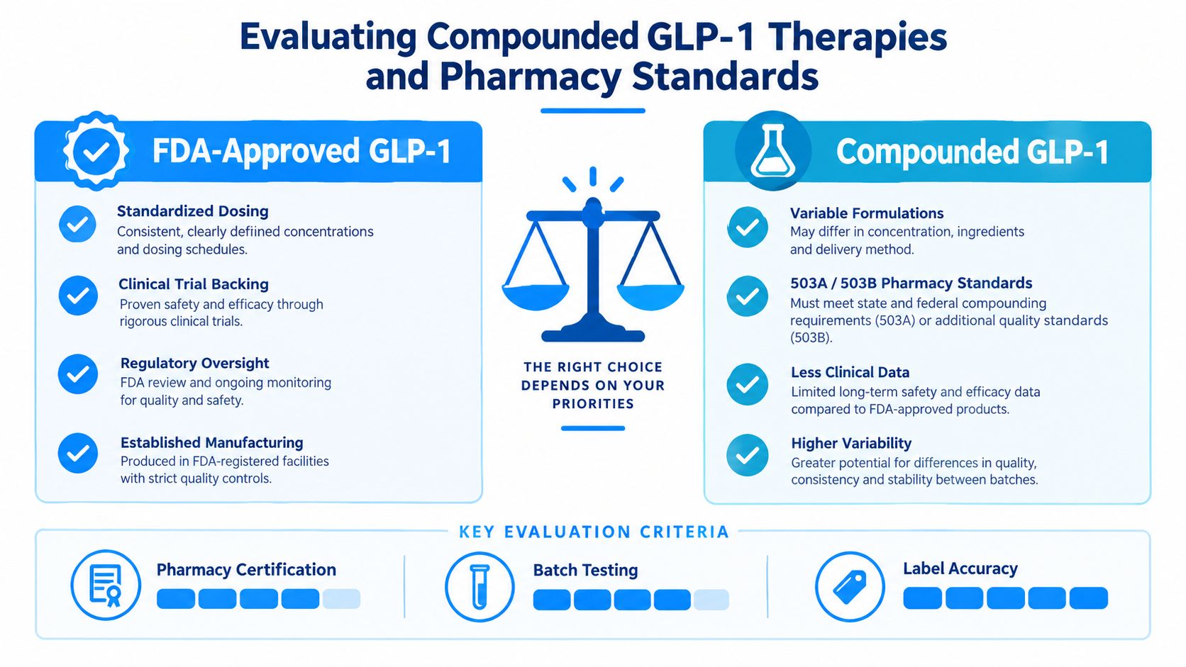 A comparison infographic between FDA-approved GLP-1 therapies and compounded GLP-1 medications, highlighting key safety and regulatory differences.