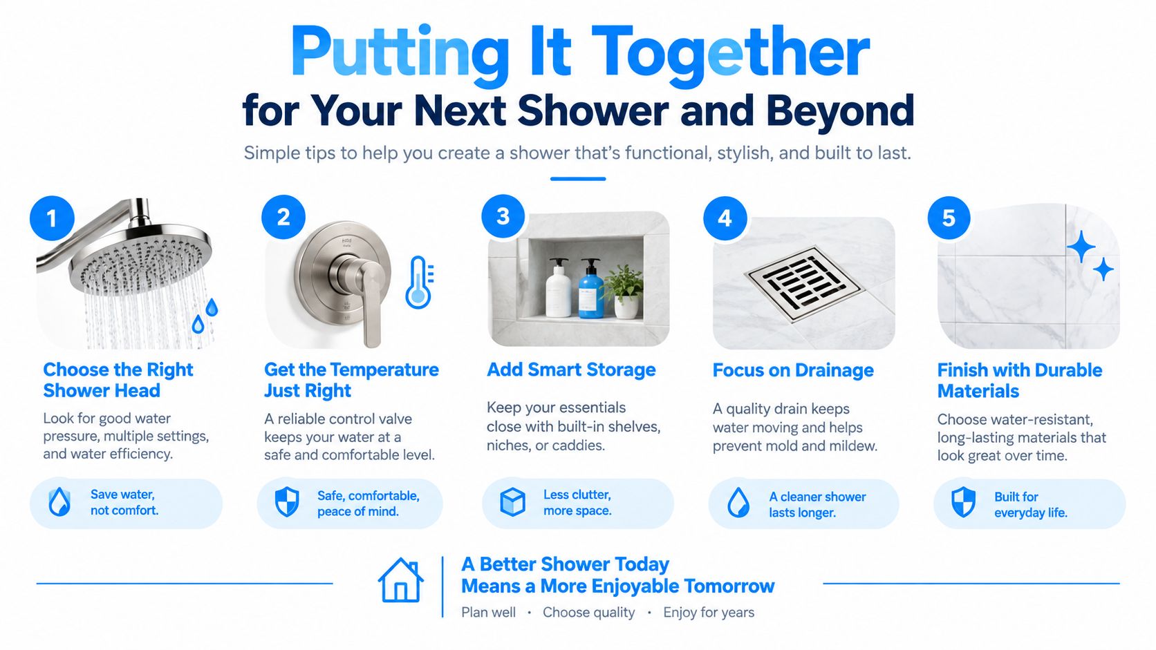 An infographic titled Putting It Together for Your Next Shower, detailing five steps for designing a functional bathroom.