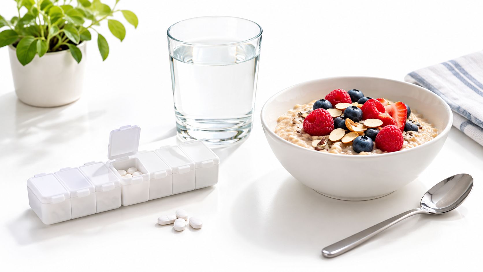 A healthy bowl of oatmeal with berries next to a pill organizer and a glass of water.