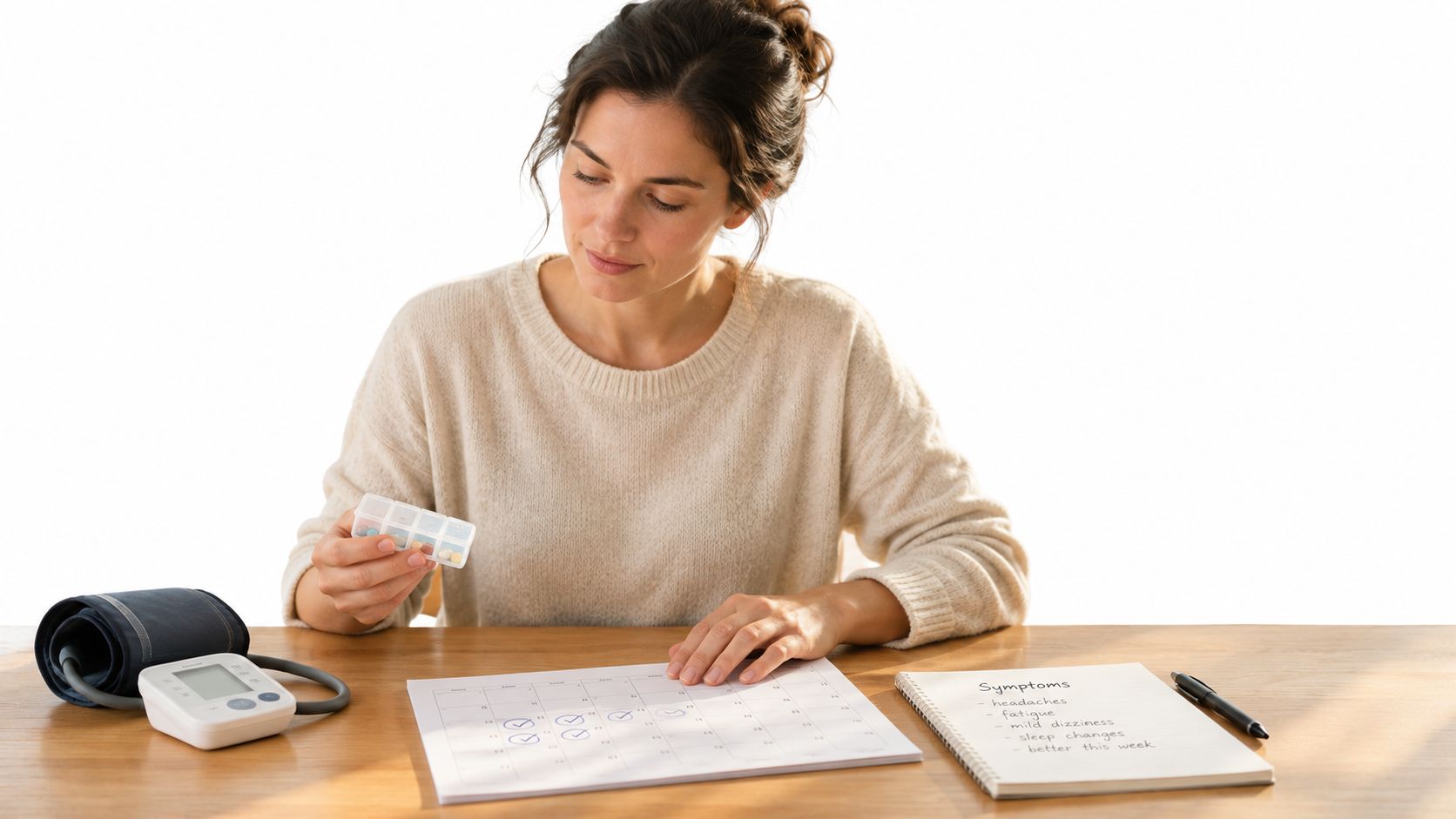 A woman reviewing her health symptoms and taking medication while tracking progress on a calendar
