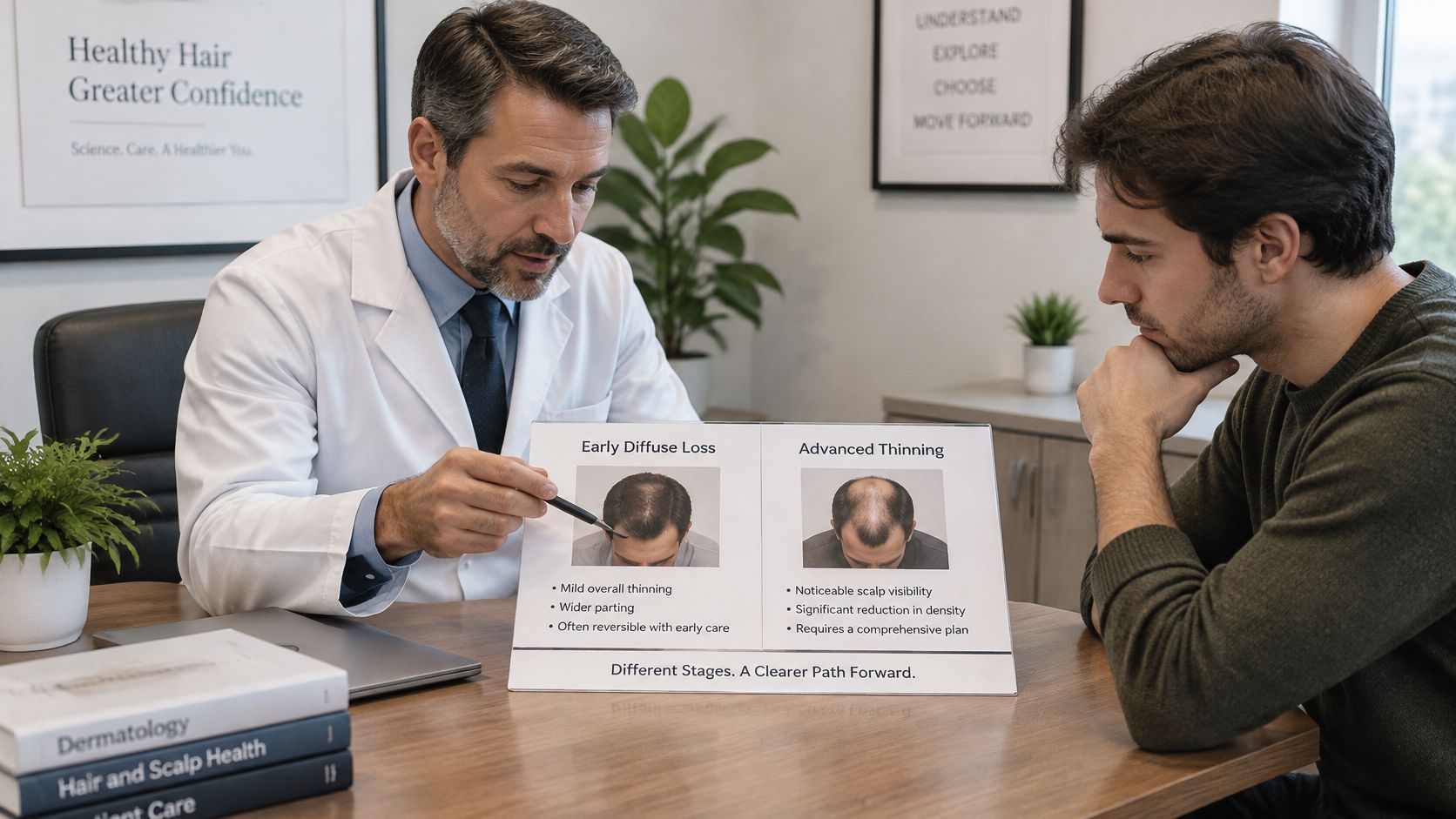 A dermatologist discusses hair loss stages with a patient using an educational display chart in a medical office.
