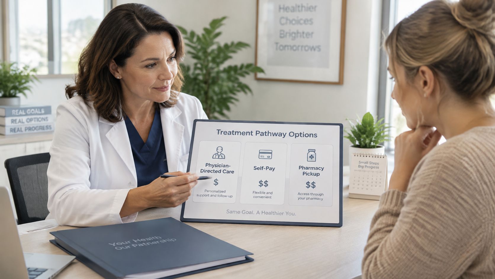 A female doctor explains treatment pathway options for weight loss to a patient in an office.