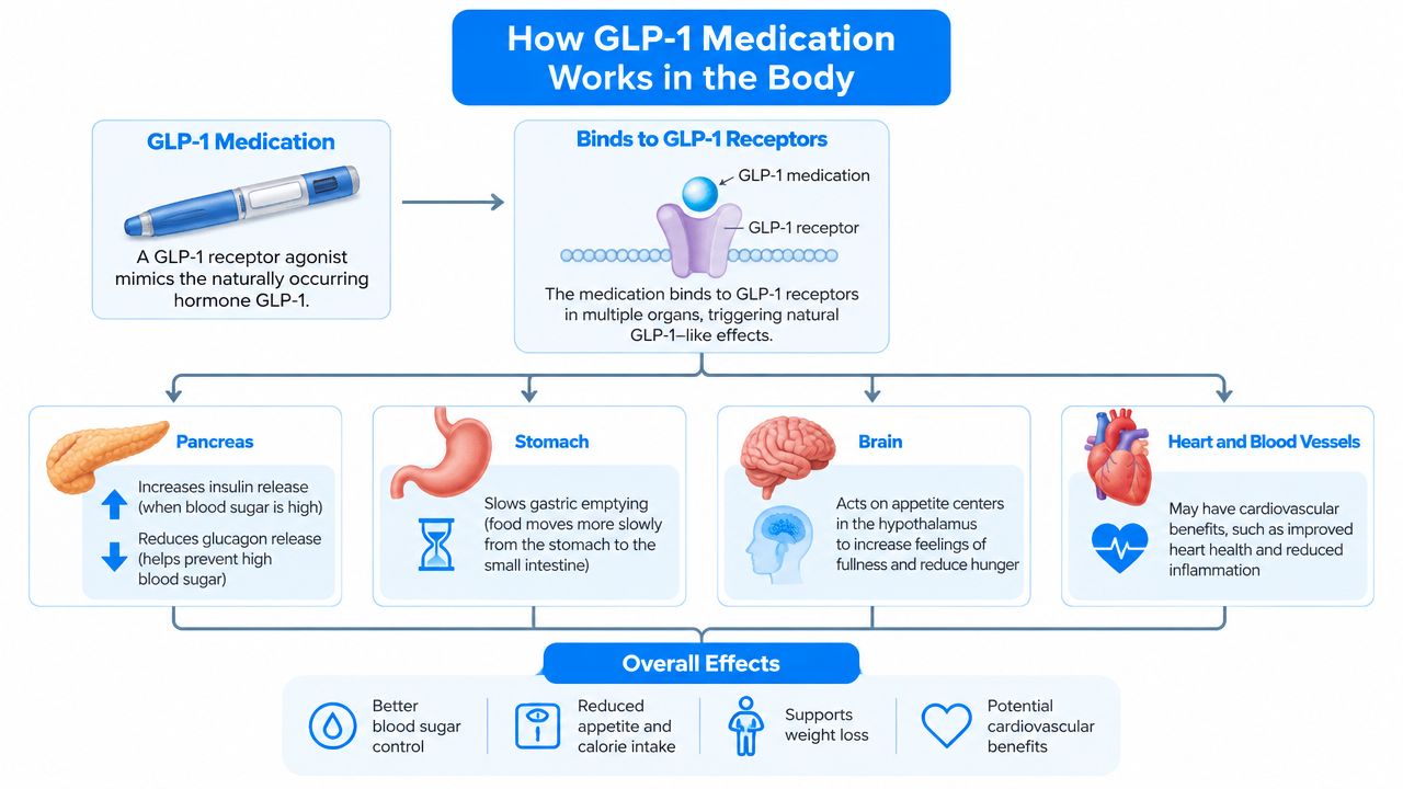 A diagram illustrating how GLP-1 medication works on the pancreas, stomach, brain, and heart to improve health.