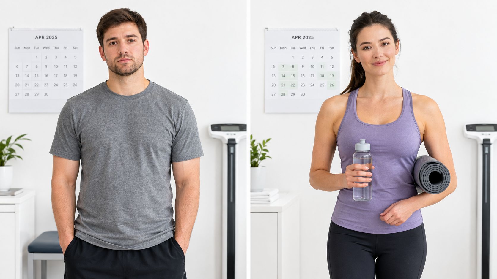 A man and a woman standing in front of calendars, representing progress in a fitness journey.
