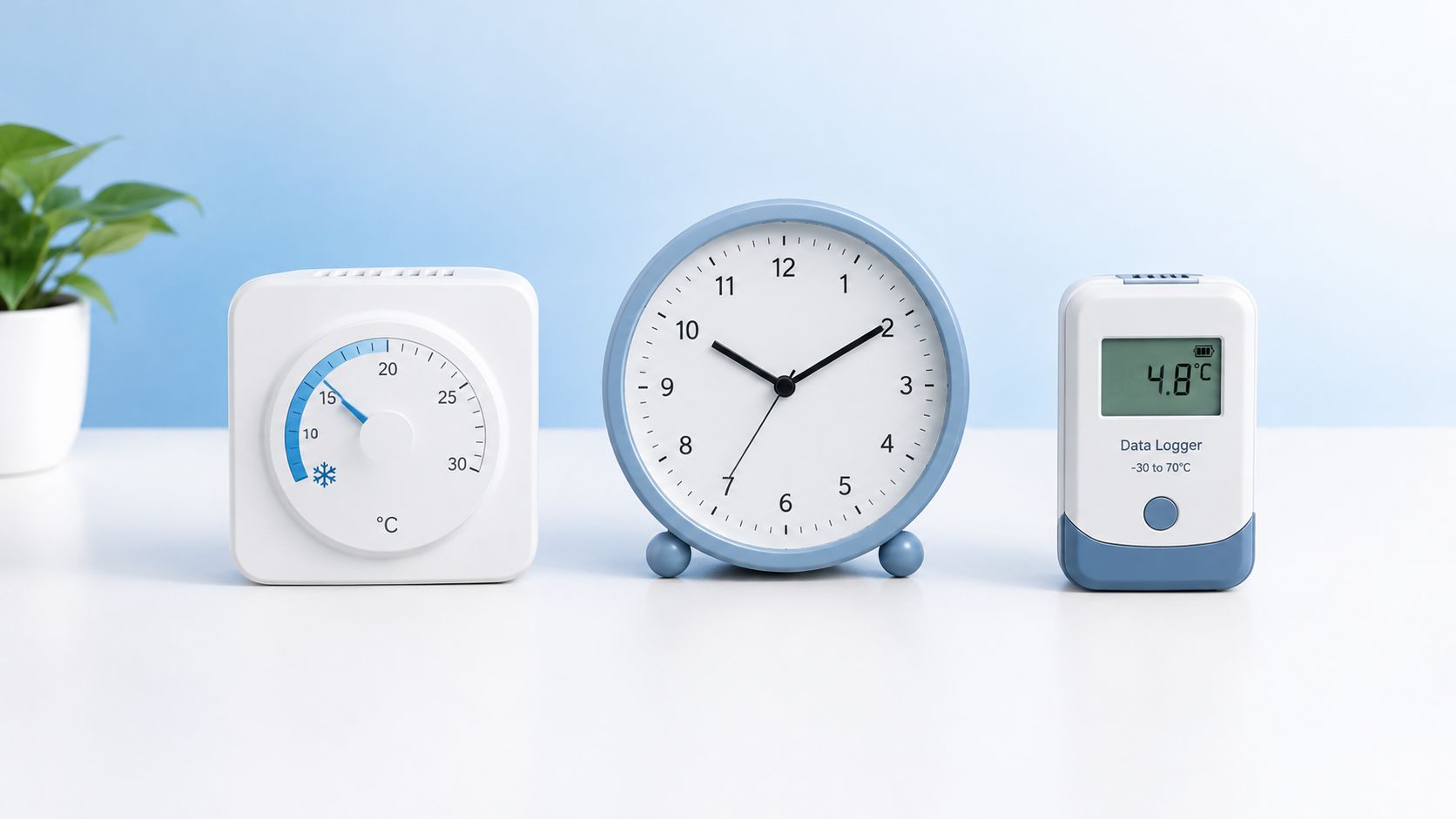 A thermostat, an analog clock, and a digital data logger sit on a clean white surface.