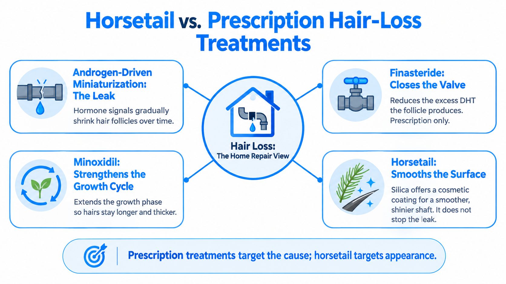 A diagram explaining the difference between prescription hair loss treatments and horsetail extract for hair health.