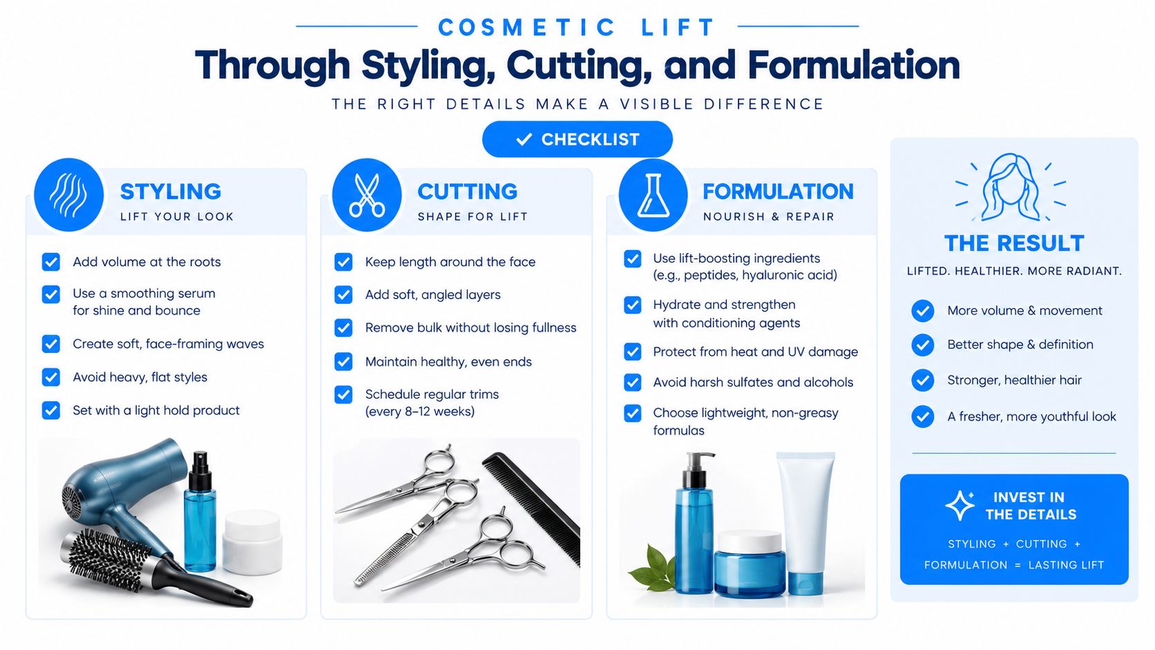 An infographic detailing cosmetic hair lift techniques through styling, professional cutting, and specialized nourishing hair formulations.