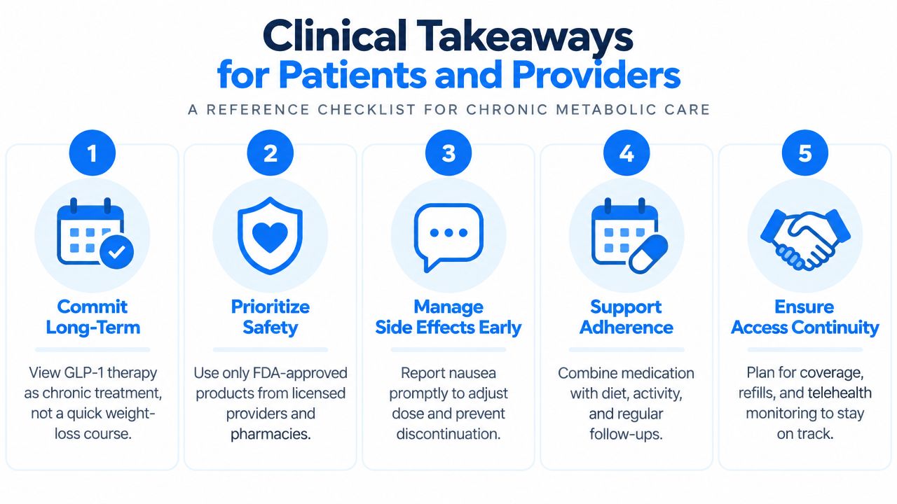 A five-step clinical checklist for patients and providers focusing on long-term GLP-1 metabolic health management.
