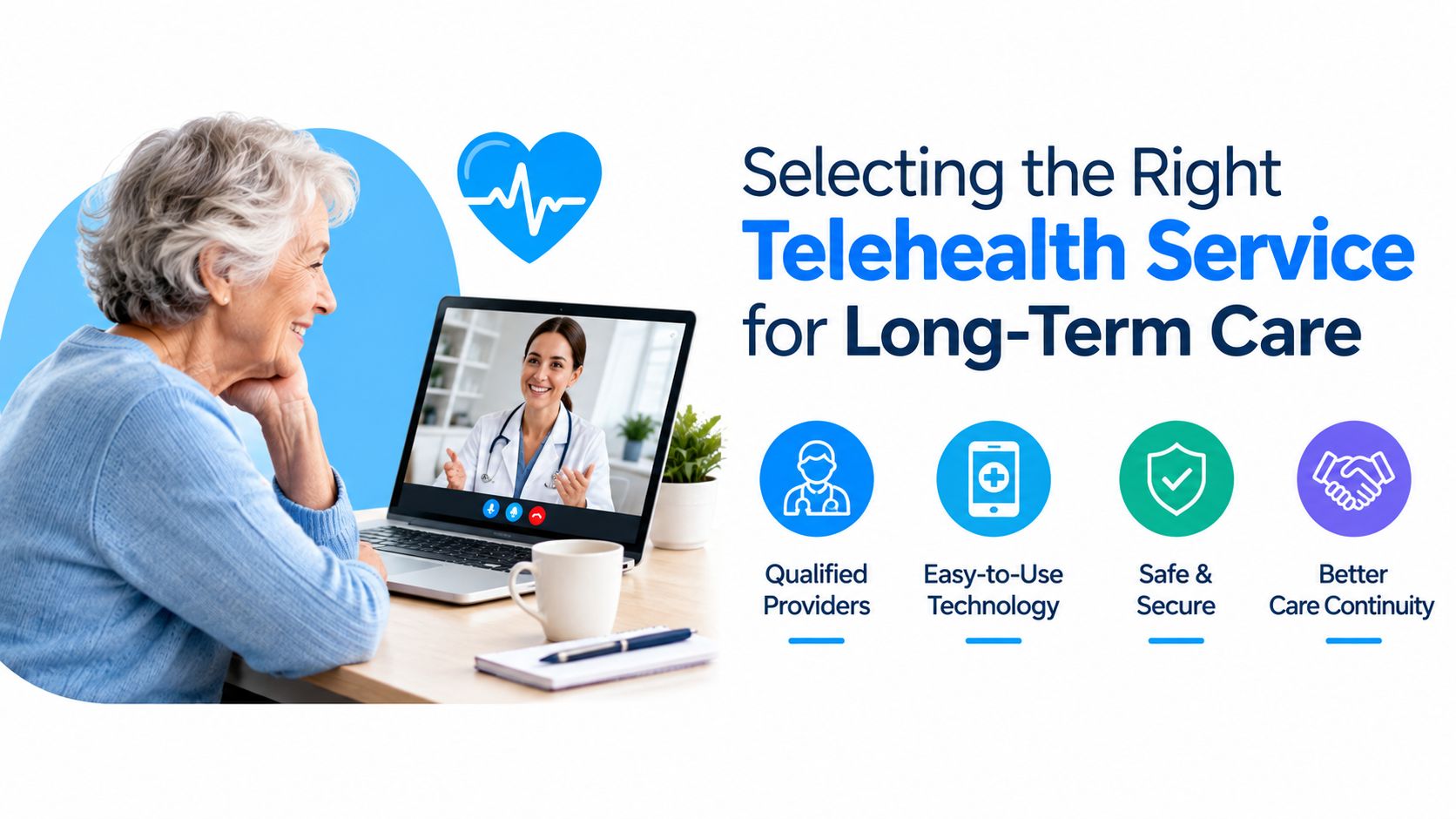 An elderly woman sitting at a desk having a video consultation with a doctor on her laptop.