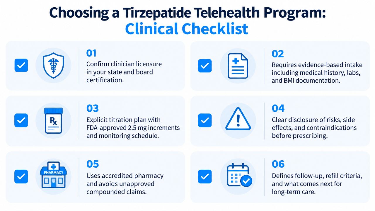 A clinical checklist infographic for selecting a safe and reputable tirzepatide telehealth program for medical weight management.