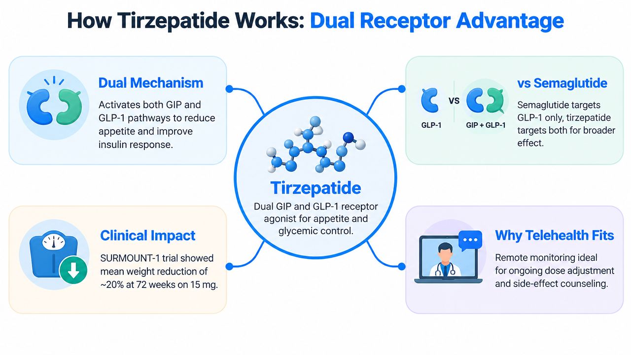 An infographic explaining how the medication Tirzepatide works by activating both GIP and GLP-1 receptors.