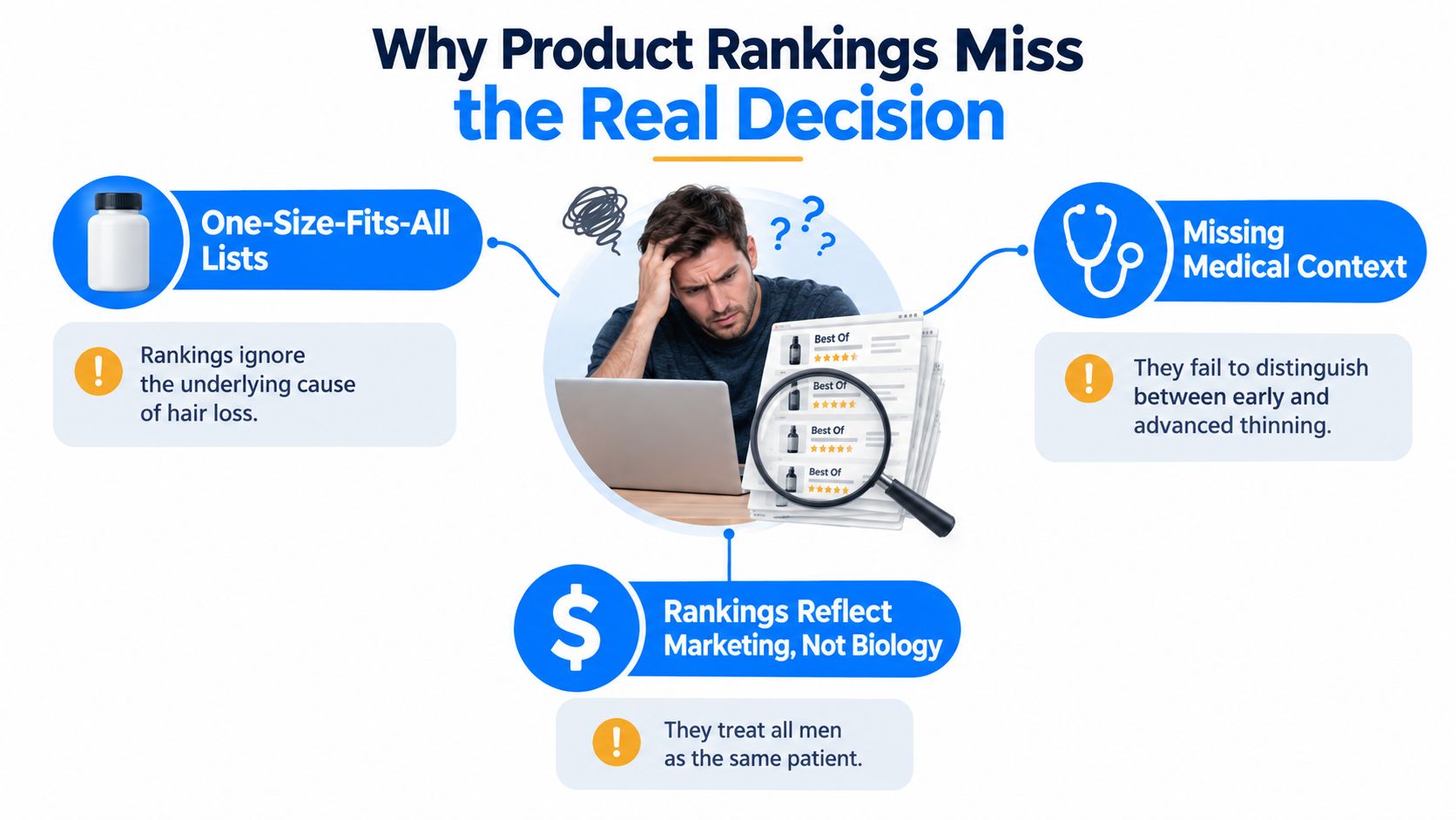 A confused man looking at online product rankings for hair loss treatments on his laptop screen.