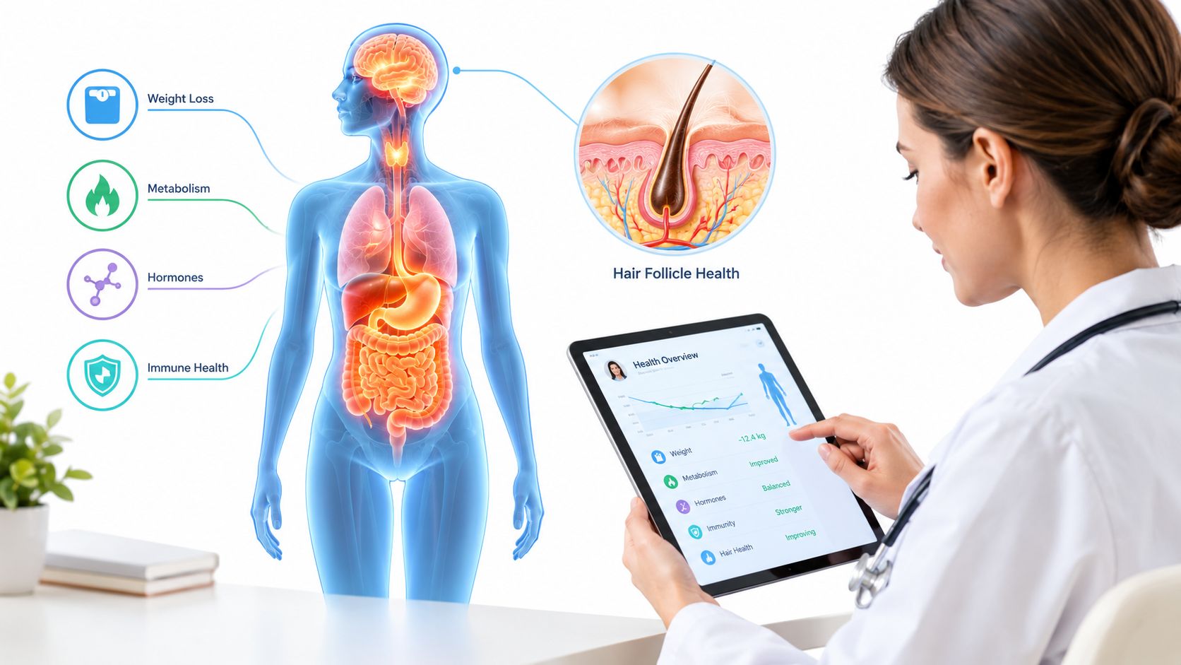 A female doctor reviewing a patient's health overview on a tablet with digital body system visualizations.