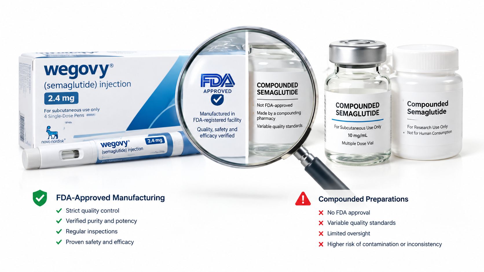 A comparison showing the differences between FDA-approved Wegovy semaglutide and unregulated compounded semaglutide medications.