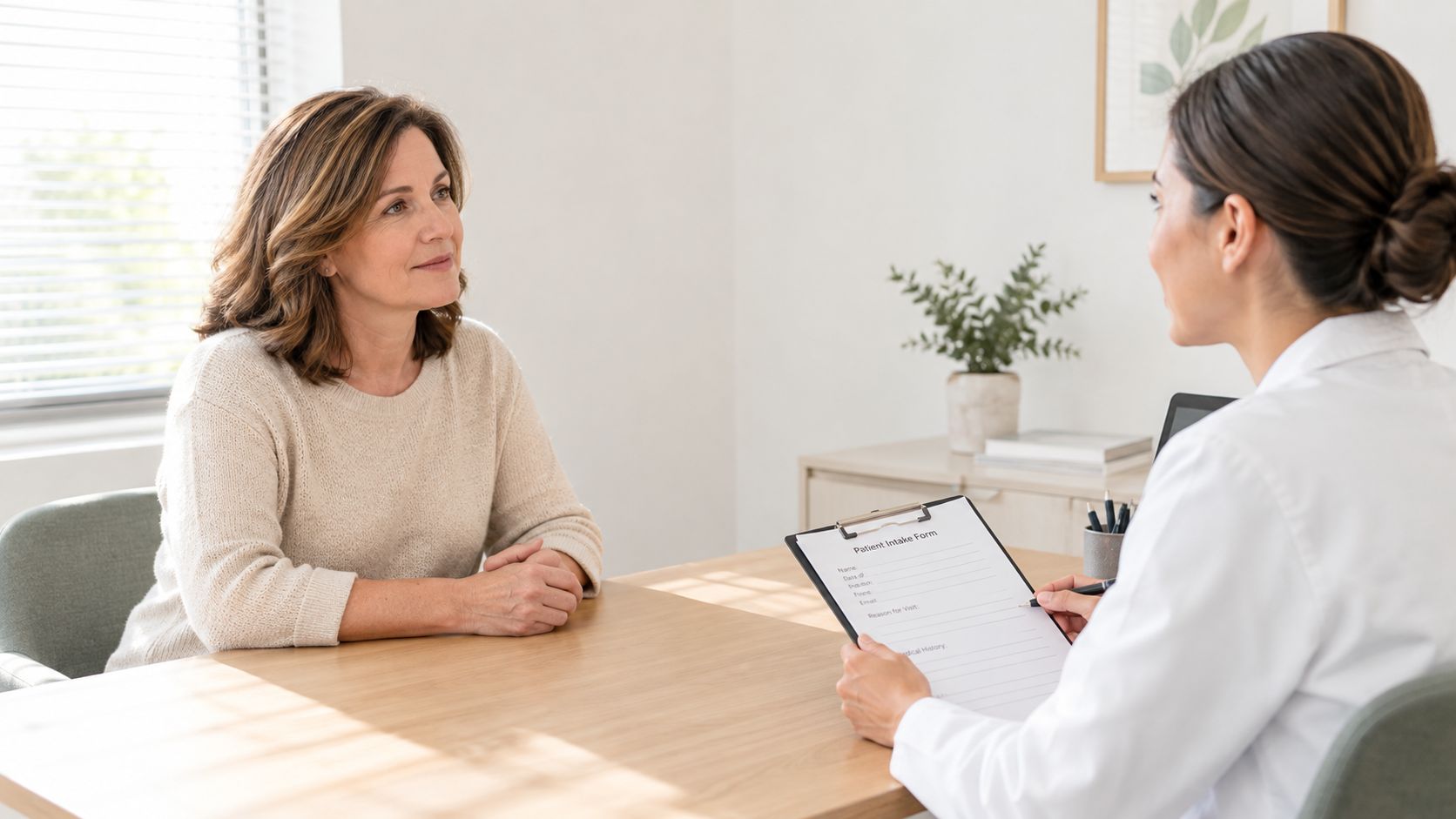 A woman sits across from a doctor in a medical office to discuss her health concerns.