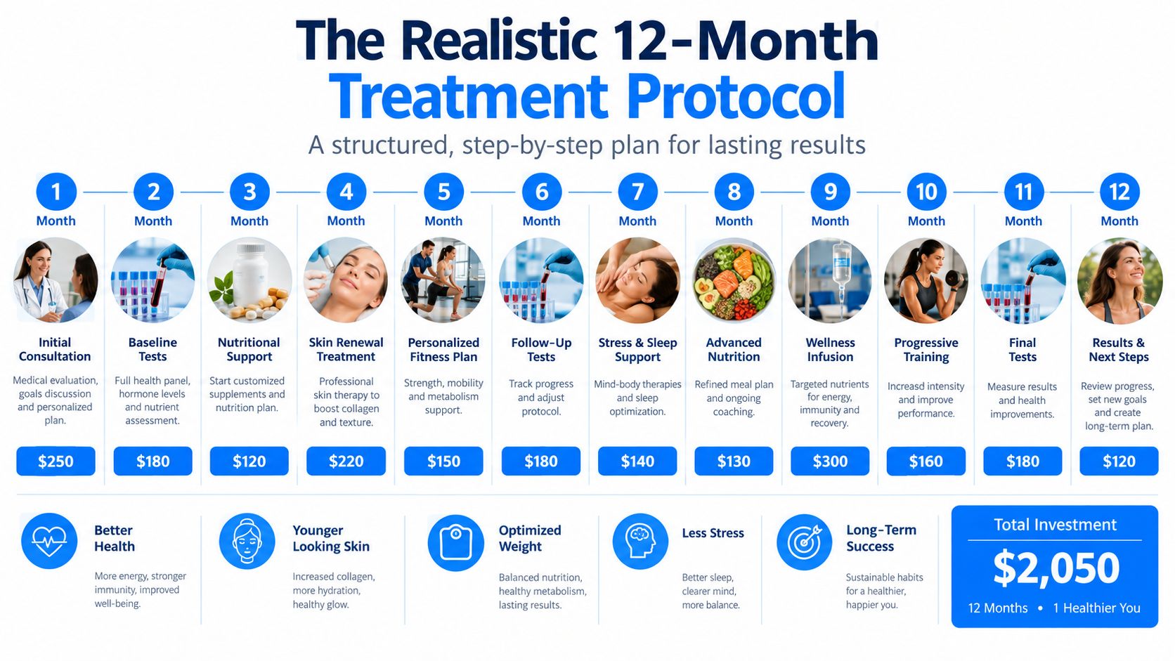 A structured twelve-month health treatment plan timeline displaying step-by-step milestones, individual service descriptions, and total investment costs.